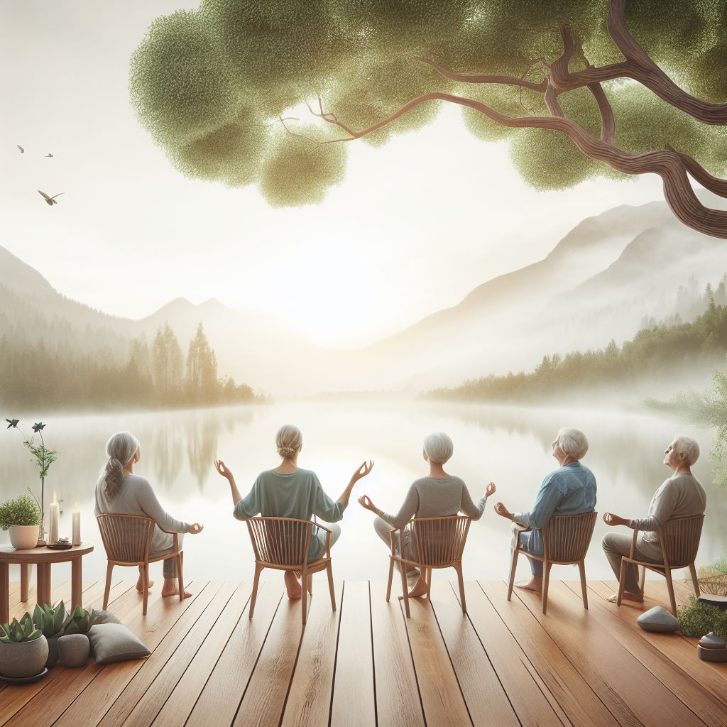 seniors practicing yoga in chairs while looking at a lake