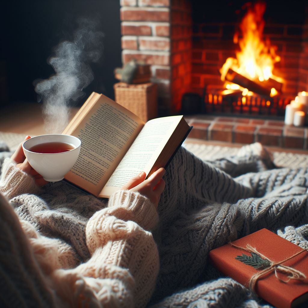 someone reading a book by a fire with a cup of tea and a blanket