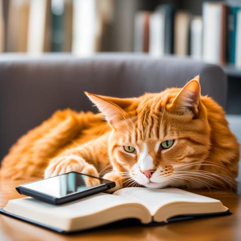 An orange cat tries to figure out how to use a smart device to read a book.