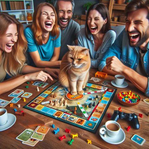 Adults laughing at a cat who is sitting on their board game