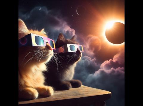 Two cats watching the solar eclipse wearing solar eclipse glasses