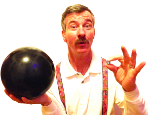 tom with bowling ball and marble