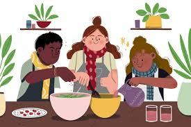 Illustrated cartoon image of three teenagers cooking together at one counter top. 