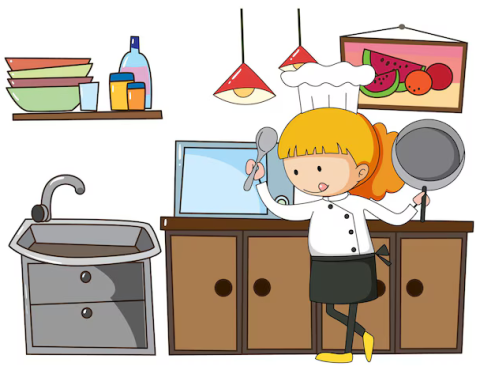 Illustration of an elementary aged child holding a pan in the kitchen, cooking.