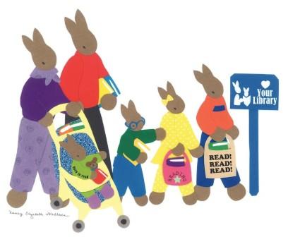 Family of rabbits going to the library