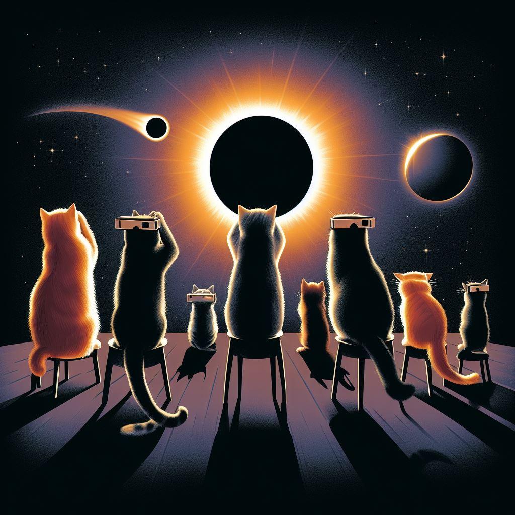 A group of cats looking at a solar eclipse