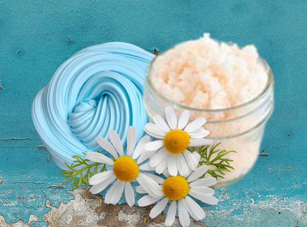 cloud slime and a sugar scrub with chamomile flowers