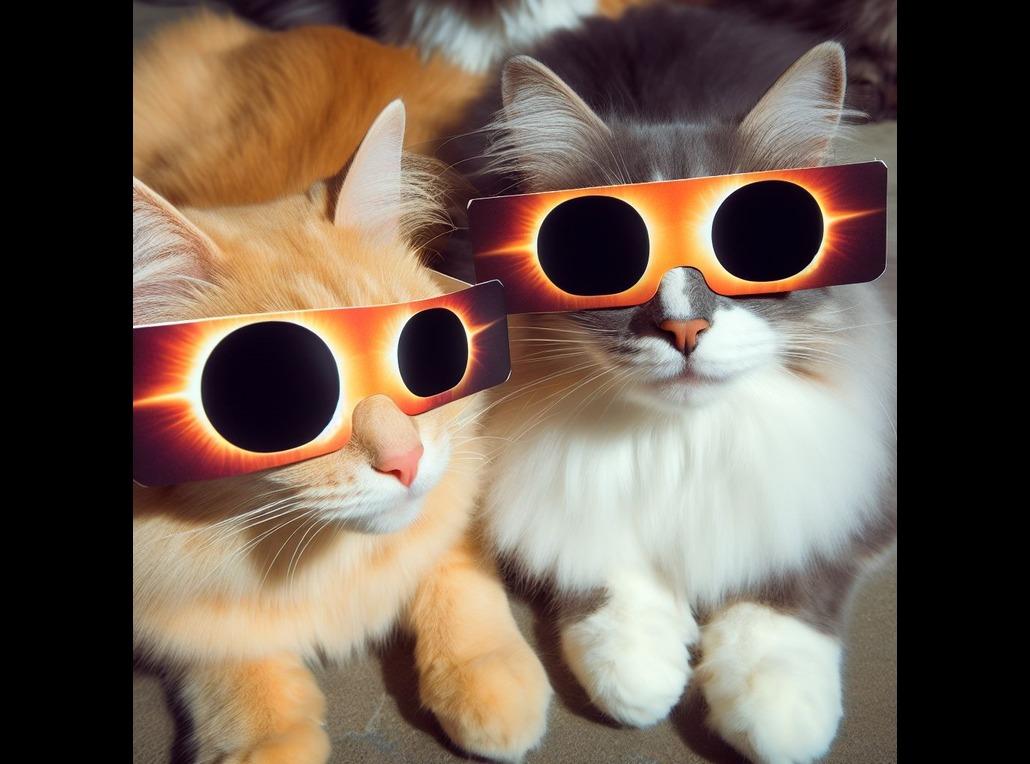 2 cats wearing solar eclipse glasses to protect their eyes