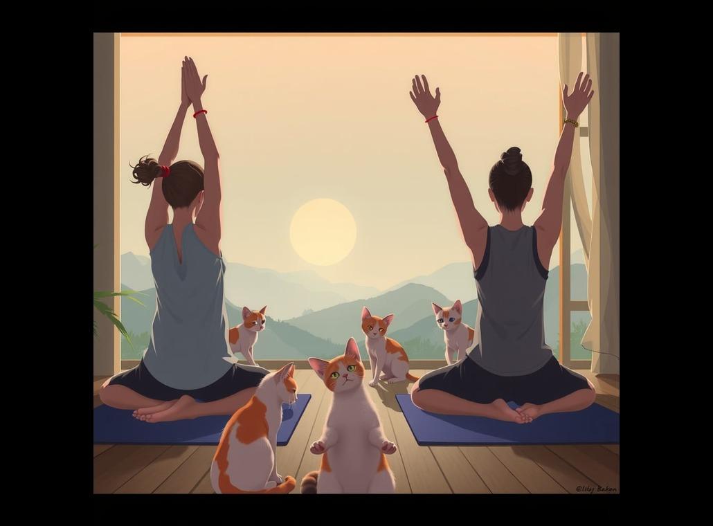 Anime cats and people doing yoga created with AI