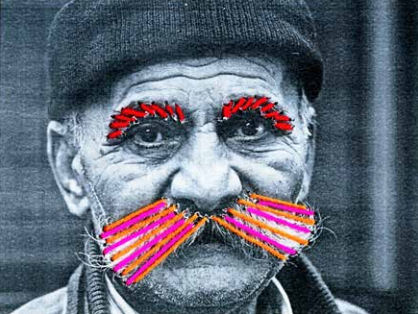 Black and white photo of older man, embellished with colorful thread on his mustache and eyebrows
