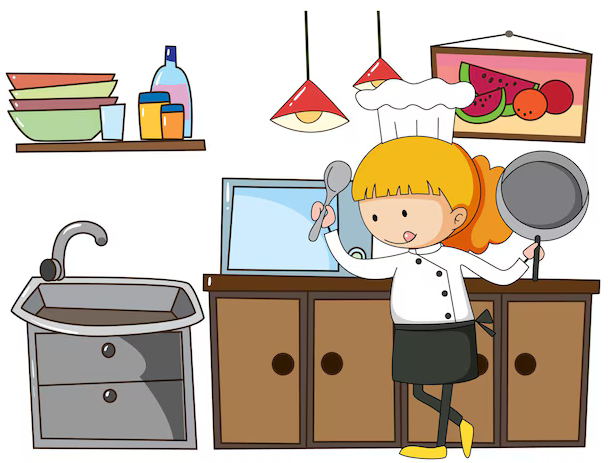 Illustration of an elementary aged child holding a pan in the kitchen, cooking. 